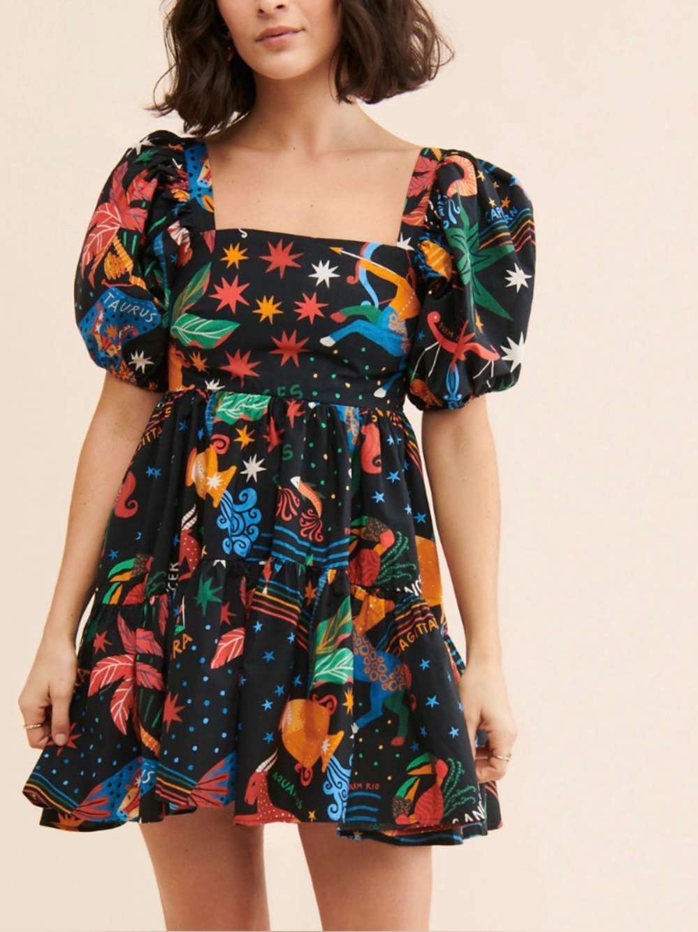 Farm Rio Zodiac Mini Dress Black Puff-Sleeve Small Whimsical Tiered Swing mystic